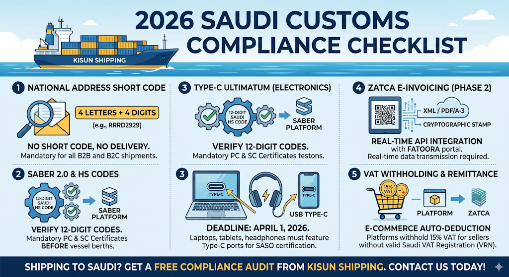 2026 Saudi Customs compliance checklist Saber ZATCA requirements Kisun Shipping