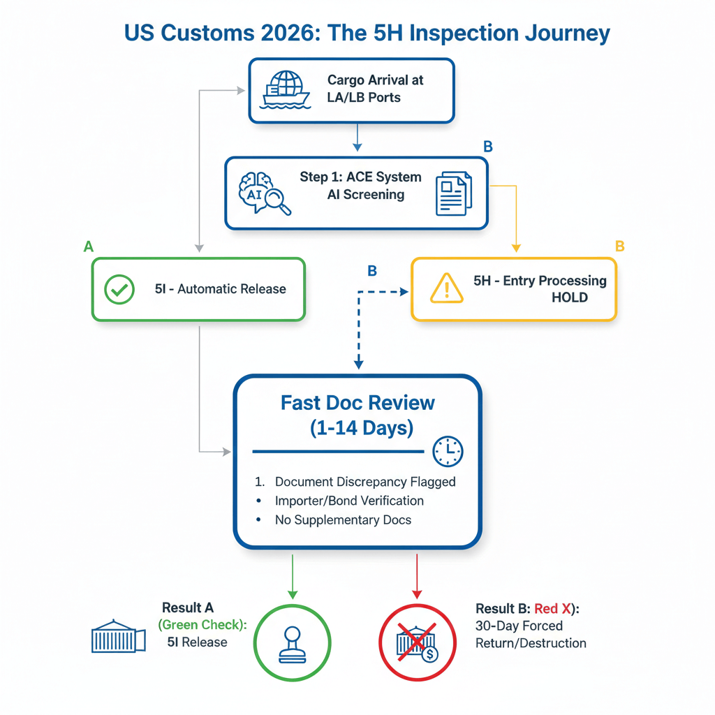 2026 US Customs 5H Inspection Process: From Fast Doc Review to 5I Release or Forced Return at LA/LB Ports.