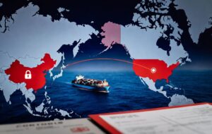 US Customs 9H Hold 2026 - China to US shipping warning with container ship and customs enforcement elements
