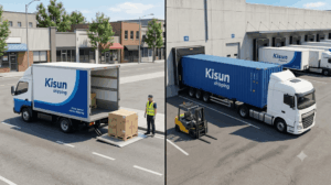 A 40HQ container being unloaded at a commercial warehouse using a forklift