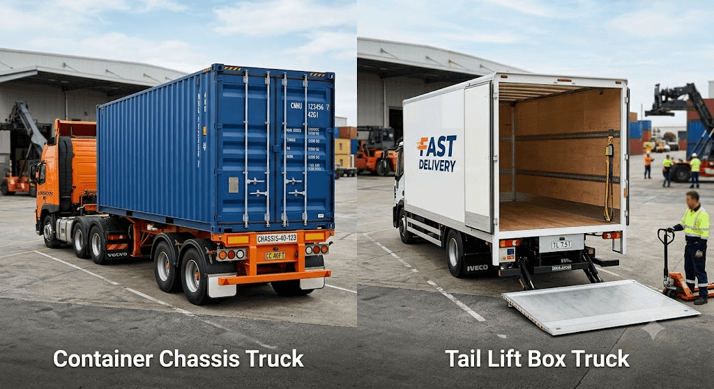 Container chassis truck vs. tail lift truck comparison